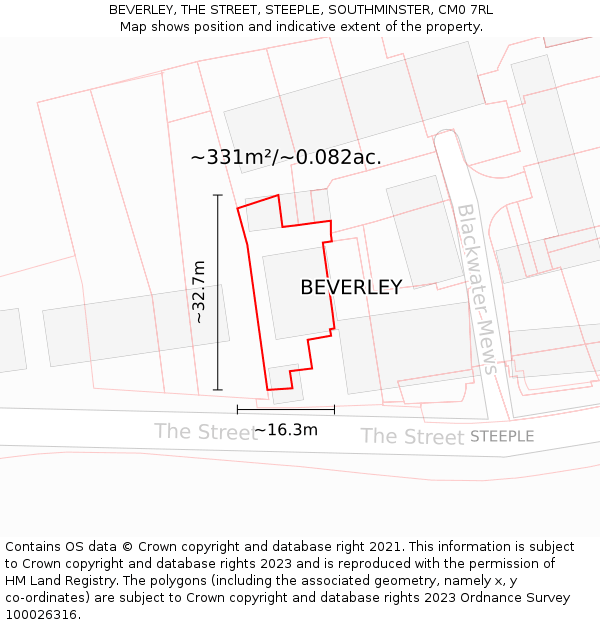 BEVERLEY, THE STREET, STEEPLE, SOUTHMINSTER, CM0 7RL: Plot and title map