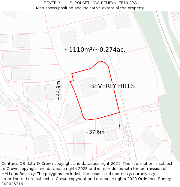 BEVERLY HILLS, POLSETHOW, PENRYN, TR10 8PA: Plot and title map