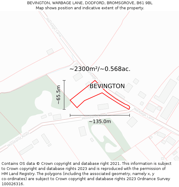 BEVINGTON, WARBAGE LANE, DODFORD, BROMSGROVE, B61 9BL: Plot and title map