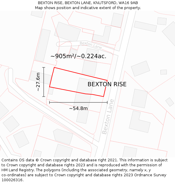 BEXTON RISE, BEXTON LANE, KNUTSFORD, WA16 9AB: Plot and title map