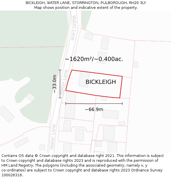 BICKLEIGH, WATER LANE, STORRINGTON, PULBOROUGH, RH20 3LY: Plot and title map