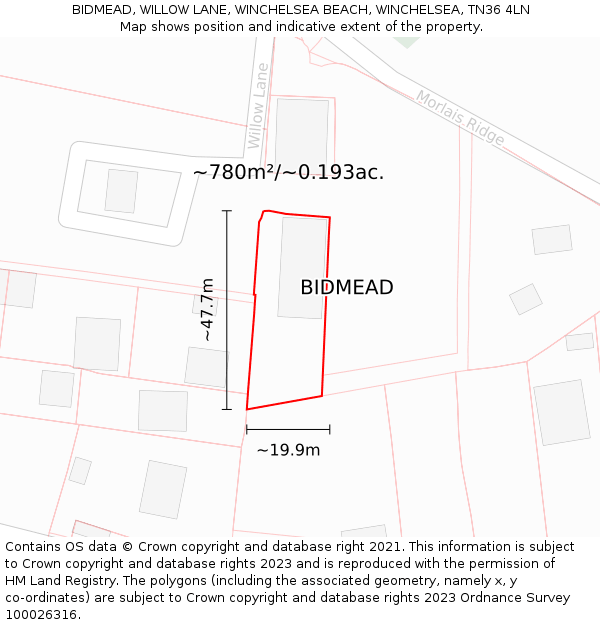 BIDMEAD, WILLOW LANE, WINCHELSEA BEACH, WINCHELSEA, TN36 4LN: Plot and title map