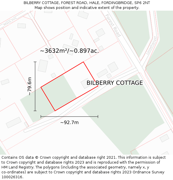 BILBERRY COTTAGE, FOREST ROAD, HALE, FORDINGBRIDGE, SP6 2NT: Plot and title map