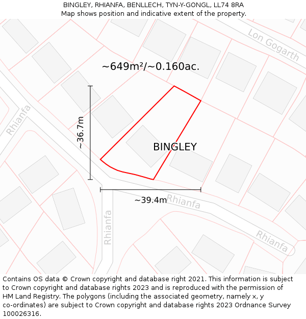 BINGLEY, RHIANFA, BENLLECH, TYN-Y-GONGL, LL74 8RA: Plot and title map