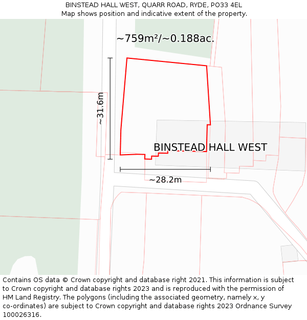 BINSTEAD HALL WEST, QUARR ROAD, RYDE, PO33 4EL: Plot and title map