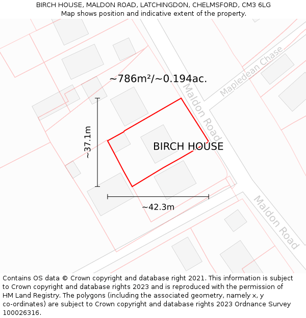 BIRCH HOUSE, MALDON ROAD, LATCHINGDON, CHELMSFORD, CM3 6LG: Plot and title map