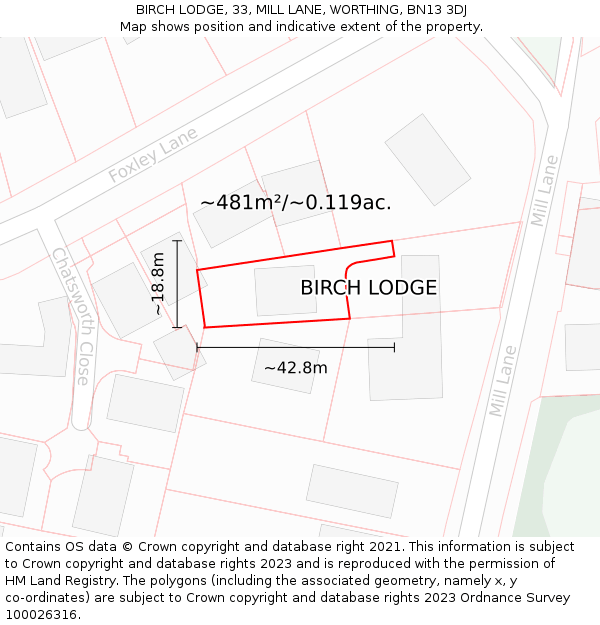 BIRCH LODGE, 33, MILL LANE, WORTHING, BN13 3DJ: Plot and title map