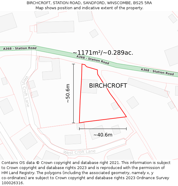 BIRCHCROFT, STATION ROAD, SANDFORD, WINSCOMBE, BS25 5RA: Plot and title map