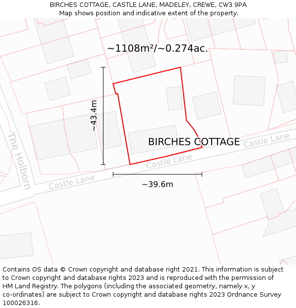 BIRCHES COTTAGE, CASTLE LANE, MADELEY, CREWE, CW3 9PA: Plot and title map