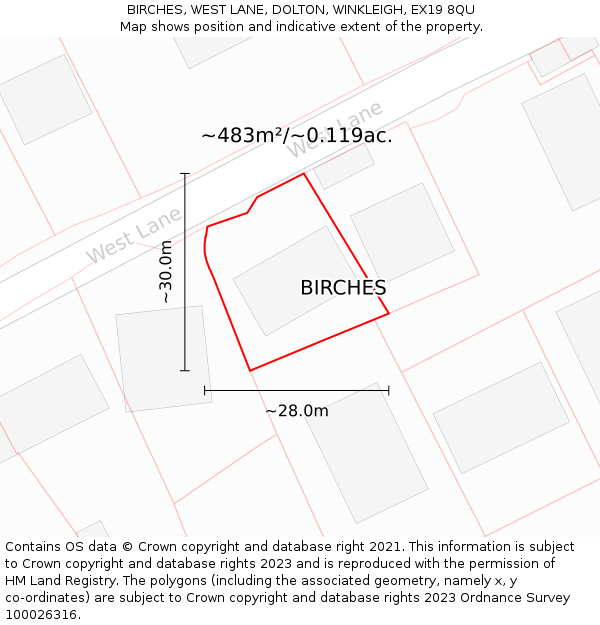 BIRCHES, WEST LANE, DOLTON, WINKLEIGH, EX19 8QU: Plot and title map