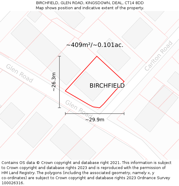 BIRCHFIELD, GLEN ROAD, KINGSDOWN, DEAL, CT14 8DD: Plot and title map