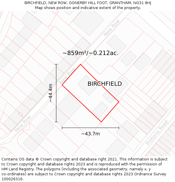 BIRCHFIELD, NEW ROW, GONERBY HILL FOOT, GRANTHAM, NG31 8HJ: Plot and title map