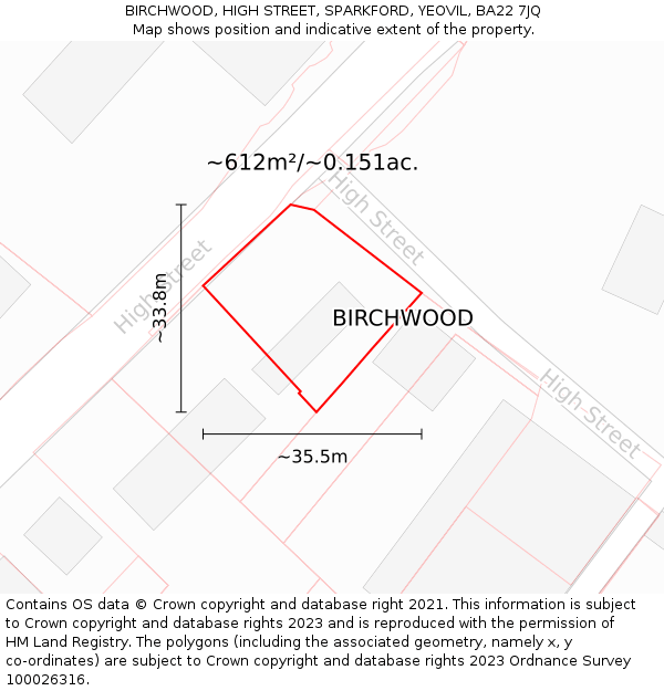 BIRCHWOOD, HIGH STREET, SPARKFORD, YEOVIL, BA22 7JQ: Plot and title map