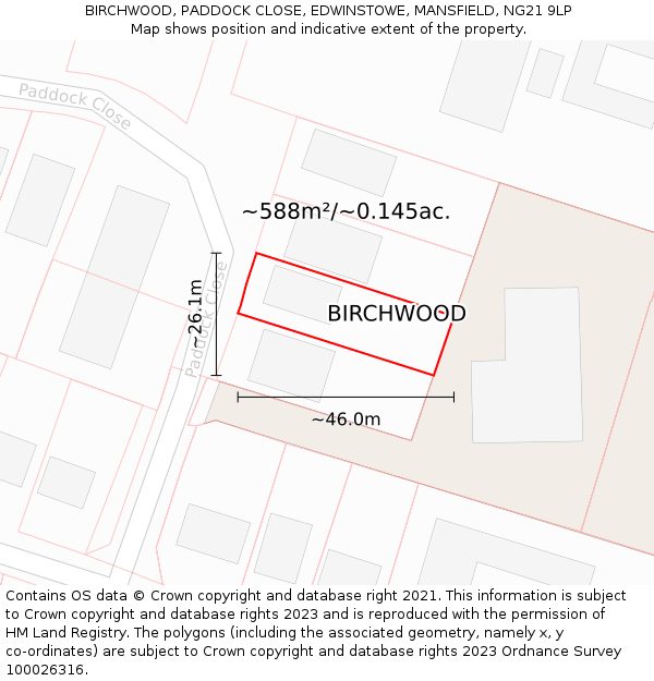 BIRCHWOOD, PADDOCK CLOSE, EDWINSTOWE, MANSFIELD, NG21 9LP: Plot and title map