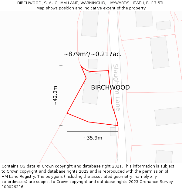 BIRCHWOOD, SLAUGHAM LANE, WARNINGLID, HAYWARDS HEATH, RH17 5TH: Plot and title map