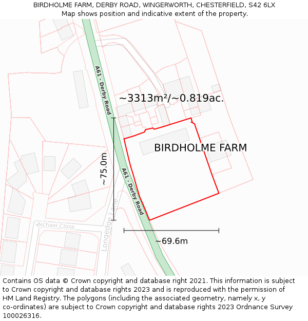 BIRDHOLME FARM, DERBY ROAD, WINGERWORTH, CHESTERFIELD, S42 6LX: Plot and title map