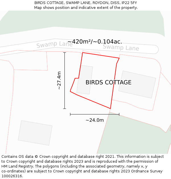 BIRDS COTTAGE, SWAMP LANE, ROYDON, DISS, IP22 5FY: Plot and title map