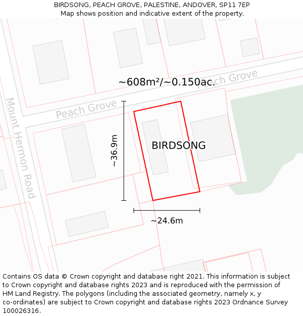 BIRDSONG, PEACH GROVE, PALESTINE, ANDOVER, SP11 7EP: Plot and title map