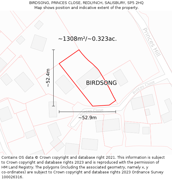 BIRDSONG, PRINCES CLOSE, REDLYNCH, SALISBURY, SP5 2HQ: Plot and title map