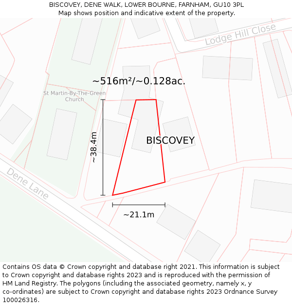 BISCOVEY, DENE WALK, LOWER BOURNE, FARNHAM, GU10 3PL: Plot and title map