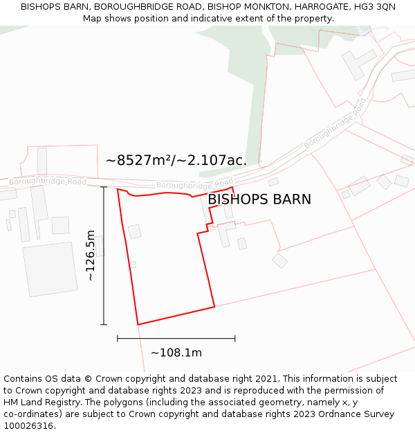 BISHOPS BARN, BOROUGHBRIDGE ROAD, BISHOP MONKTON, HARROGATE, HG3 3QN: Plot and title map