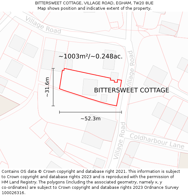 BITTERSWEET COTTAGE, VILLAGE ROAD, EGHAM, TW20 8UE: Plot and title map