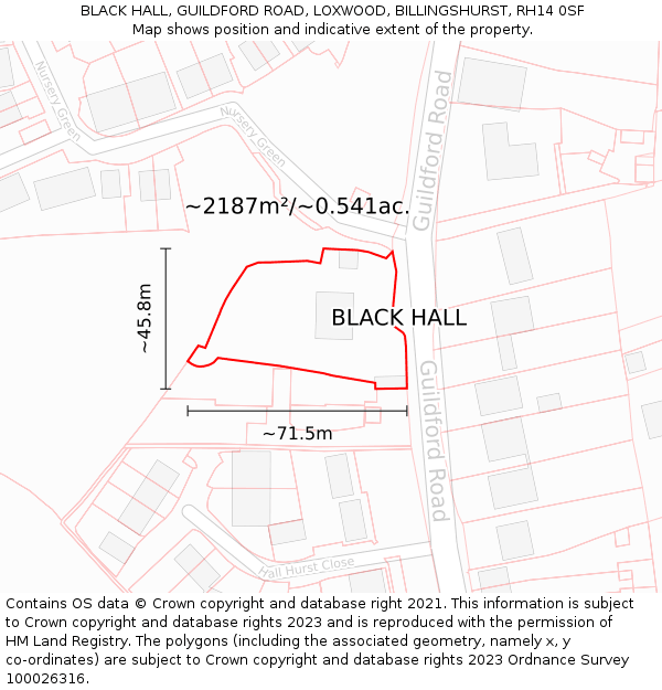 BLACK HALL, GUILDFORD ROAD, LOXWOOD, BILLINGSHURST, RH14 0SF: Plot and title map