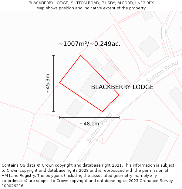 BLACKBERRY LODGE, SUTTON ROAD, BILSBY, ALFORD, LN13 9PX: Plot and title map