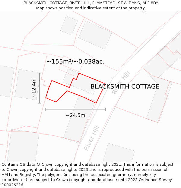 BLACKSMITH COTTAGE, RIVER HILL, FLAMSTEAD, ST ALBANS, AL3 8BY: Plot and title map