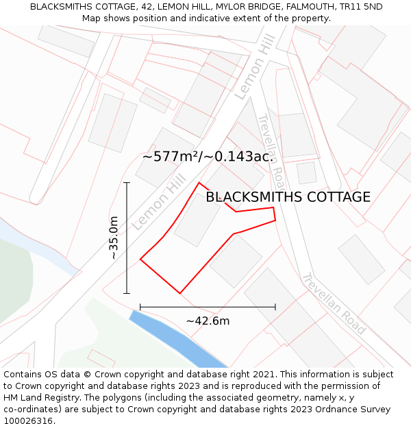 BLACKSMITHS COTTAGE, 42, LEMON HILL, MYLOR BRIDGE, FALMOUTH, TR11 5ND: Plot and title map