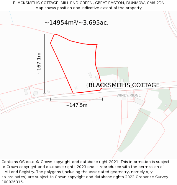 BLACKSMITHS COTTAGE, MILL END GREEN, GREAT EASTON, DUNMOW, CM6 2DN: Plot and title map