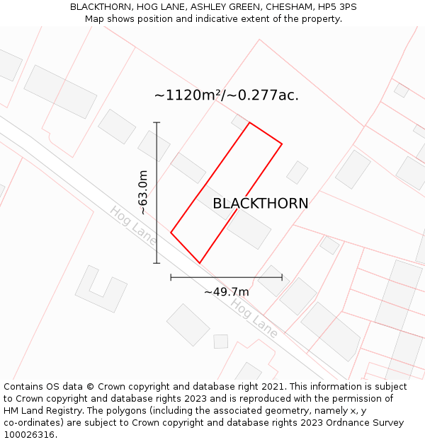 BLACKTHORN, HOG LANE, ASHLEY GREEN, CHESHAM, HP5 3PS: Plot and title map