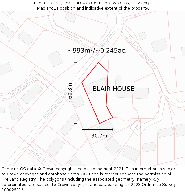 BLAIR HOUSE, PYRFORD WOODS ROAD, WOKING, GU22 8QR: Plot and title map