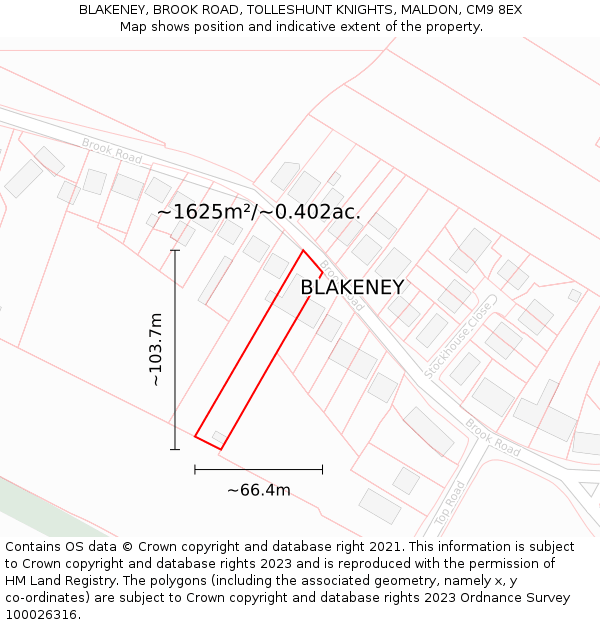 BLAKENEY, BROOK ROAD, TOLLESHUNT KNIGHTS, MALDON, CM9 8EX: Plot and title map