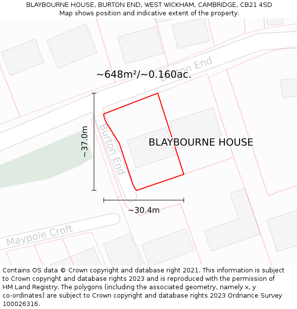 BLAYBOURNE HOUSE, BURTON END, WEST WICKHAM, CAMBRIDGE, CB21 4SD: Plot and title map