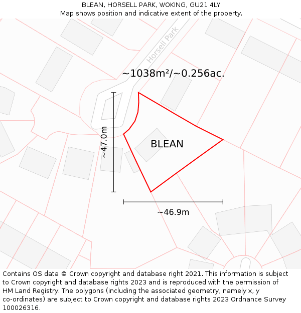 BLEAN, HORSELL PARK, WOKING, GU21 4LY: Plot and title map