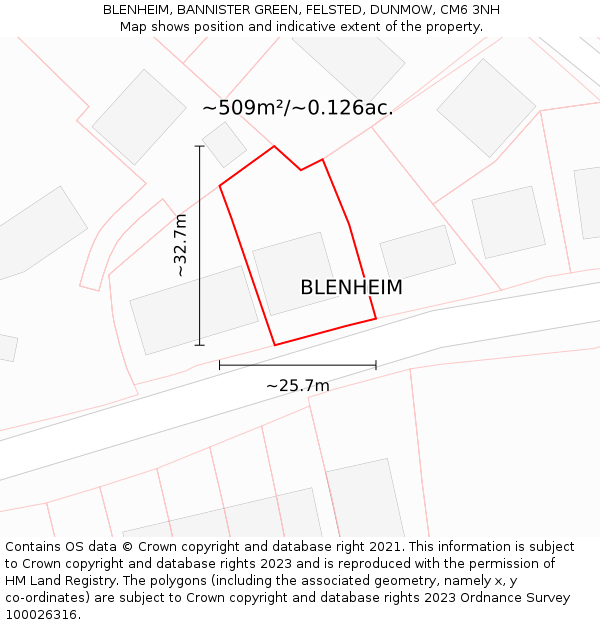 BLENHEIM, BANNISTER GREEN, FELSTED, DUNMOW, CM6 3NH: Plot and title map