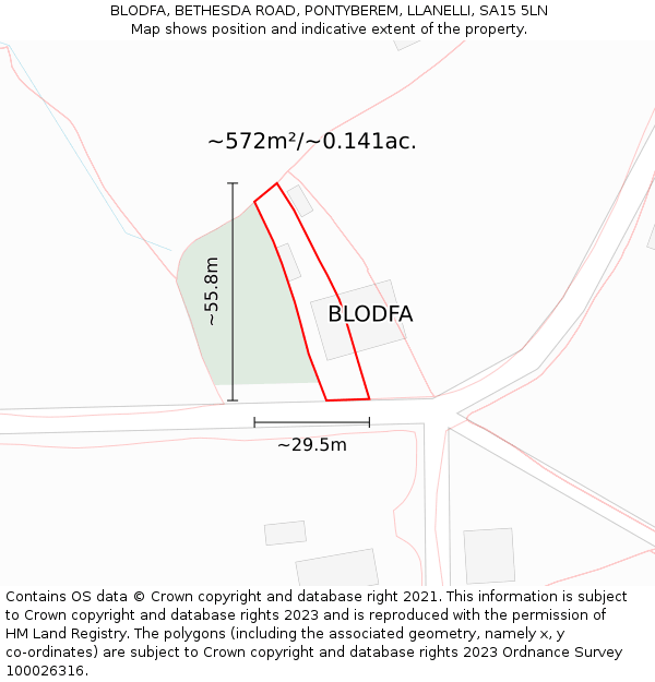 BLODFA, BETHESDA ROAD, PONTYBEREM, LLANELLI, SA15 5LN: Plot and title map