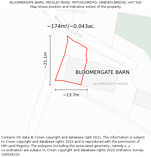 BLOOMERGATE BARN, MIDGLEY ROAD, MYTHOLMROYD, HEBDEN BRIDGE, HX7 5QY: Plot and title map