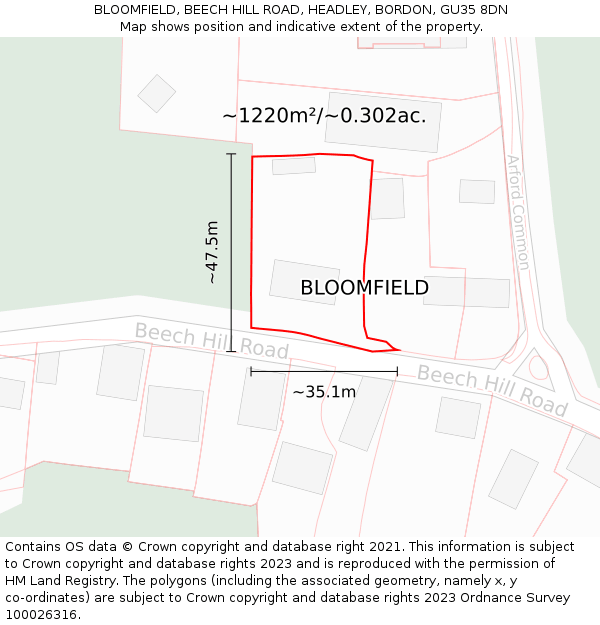 BLOOMFIELD, BEECH HILL ROAD, HEADLEY, BORDON, GU35 8DN: Plot and title map