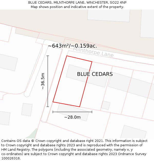 BLUE CEDARS, MILNTHORPE LANE, WINCHESTER, SO22 4NP: Plot and title map
