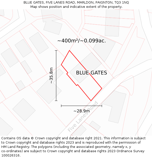 BLUE GATES, FIVE LANES ROAD, MARLDON, PAIGNTON, TQ3 1NQ: Plot and title map