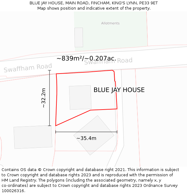 BLUE JAY HOUSE, MAIN ROAD, FINCHAM, KING'S LYNN, PE33 9ET: Plot and title map
