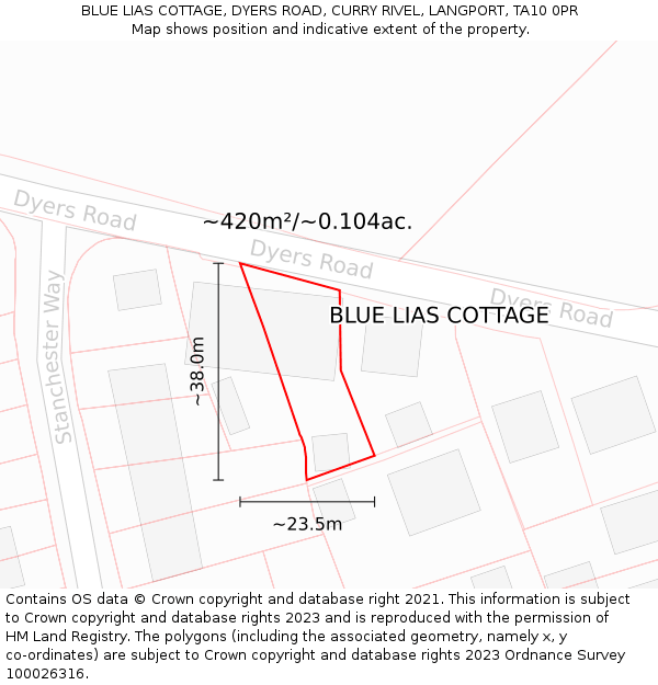 BLUE LIAS COTTAGE, DYERS ROAD, CURRY RIVEL, LANGPORT, TA10 0PR: Plot and title map