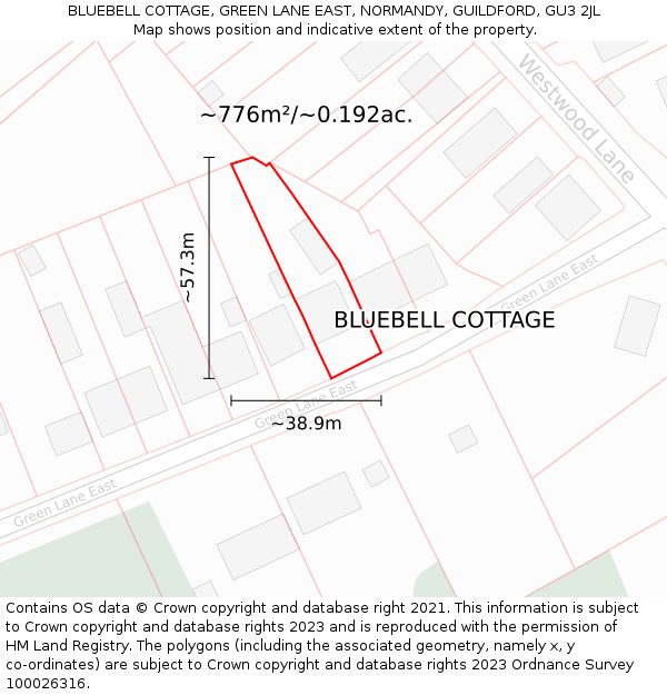 BLUEBELL COTTAGE, GREEN LANE EAST, NORMANDY, GUILDFORD, GU3 2JL: Plot and title map