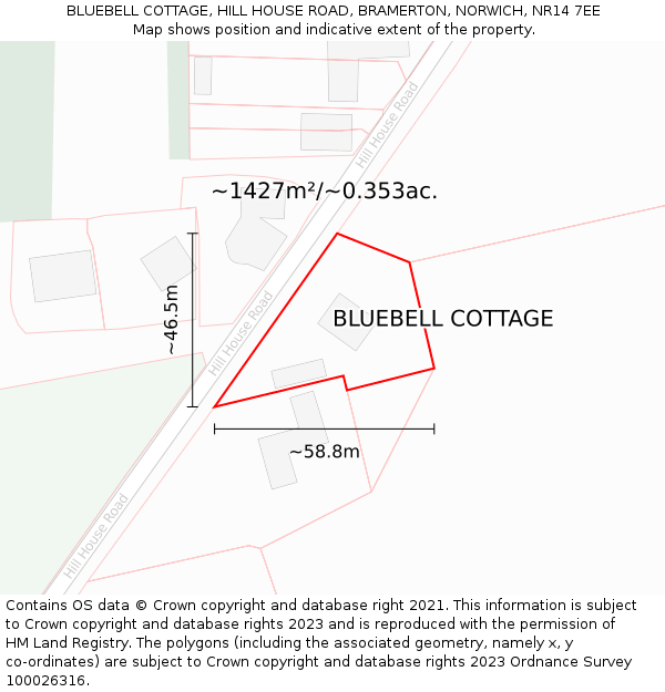 BLUEBELL COTTAGE, HILL HOUSE ROAD, BRAMERTON, NORWICH, NR14 7EE: Plot and title map