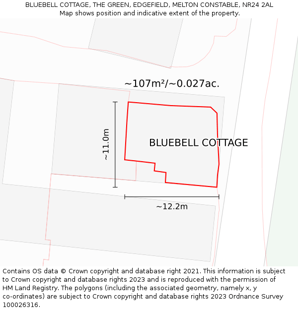 BLUEBELL COTTAGE, THE GREEN, EDGEFIELD, MELTON CONSTABLE, NR24 2AL: Plot and title map