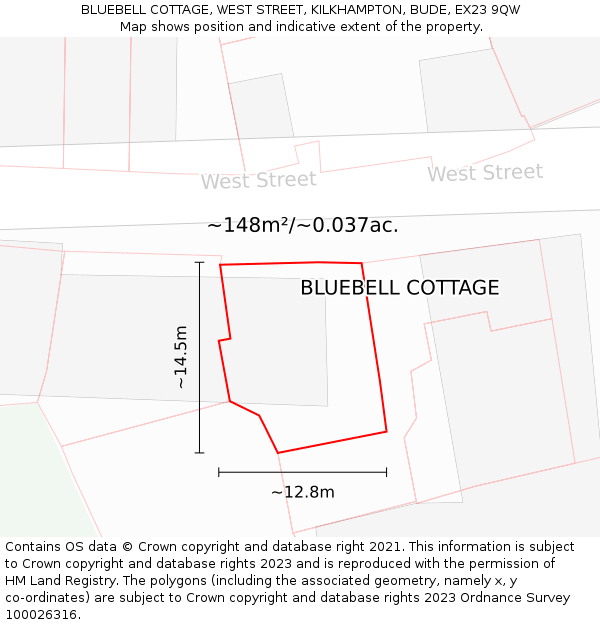 BLUEBELL COTTAGE, WEST STREET, KILKHAMPTON, BUDE, EX23 9QW: Plot and title map