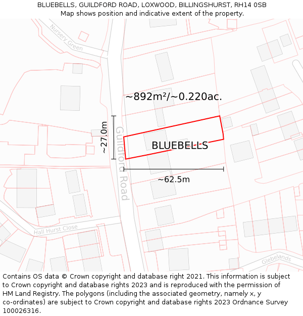 BLUEBELLS, GUILDFORD ROAD, LOXWOOD, BILLINGSHURST, RH14 0SB: Plot and title map