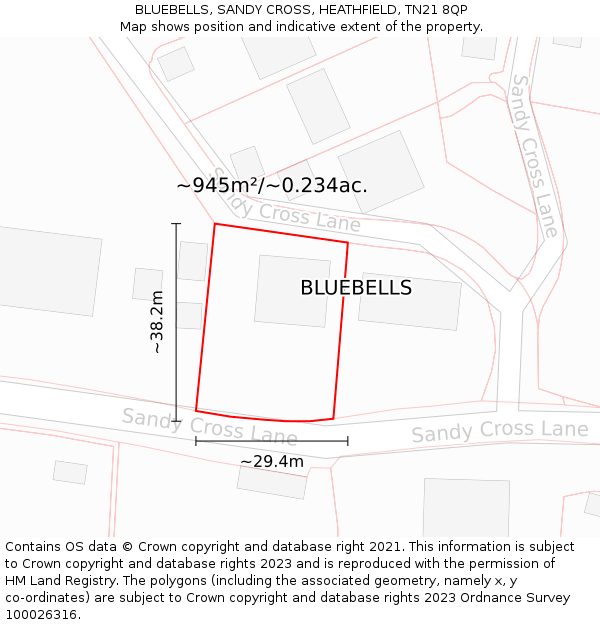 BLUEBELLS, SANDY CROSS, HEATHFIELD, TN21 8QP: Plot and title map